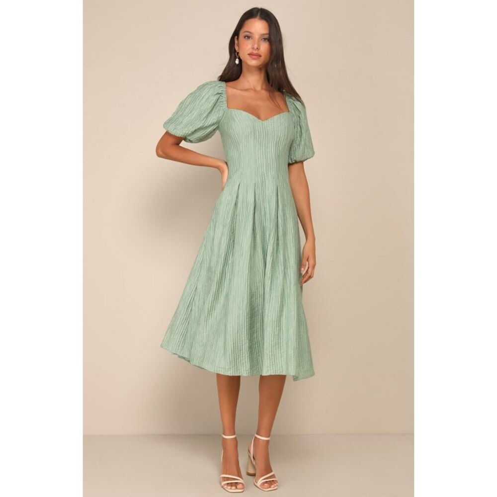 Lulus Heavenly Energy Sage Textured Puff Sleeve Pleated Midi Dress Green